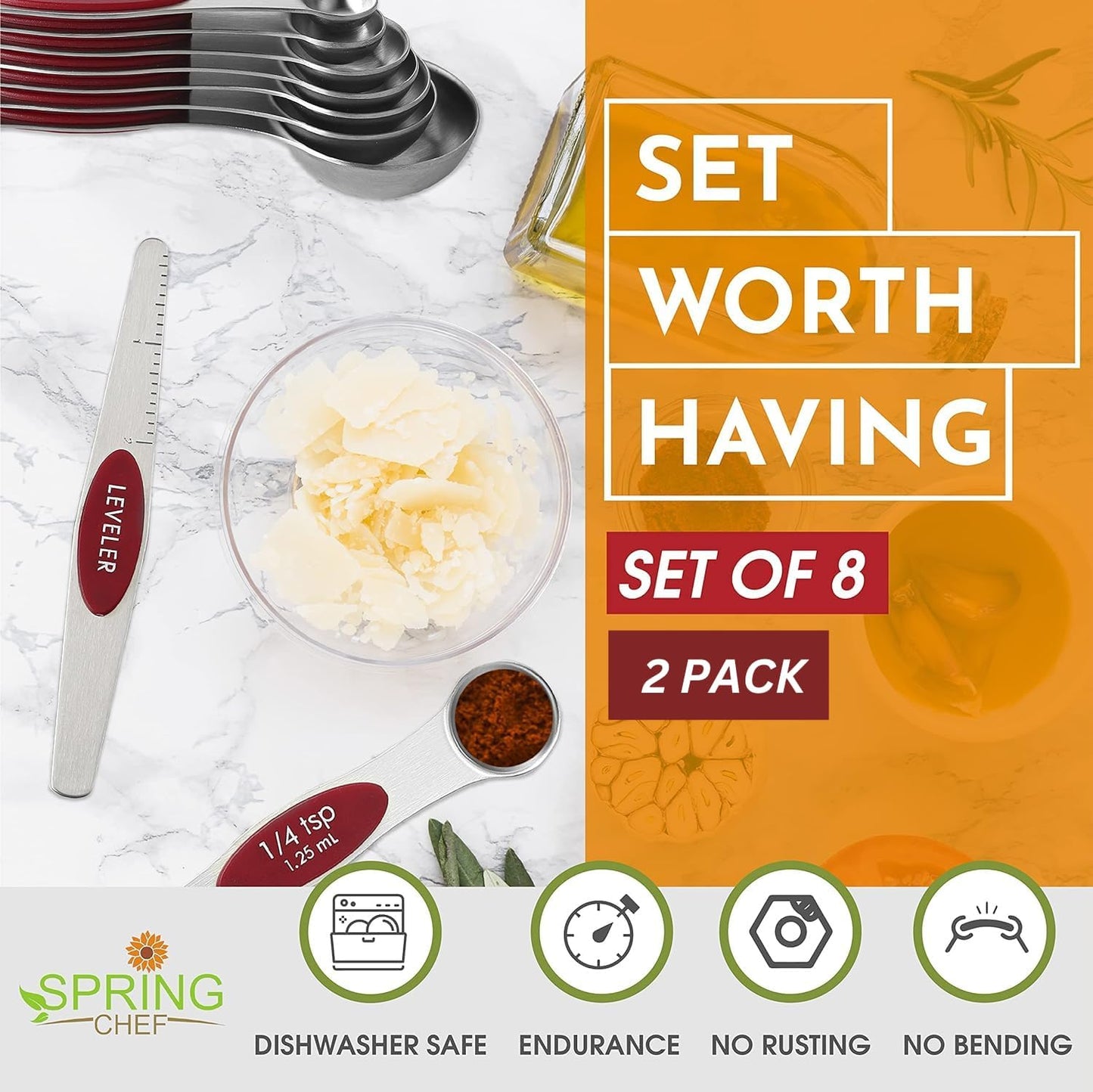 Spring Chef Stainless Steel Magnetic Measuring Spoons Set with Strong N45 Magnets, Heavy Duty Metal Kitchen Gadgets for Baking & Cooking, Fits in Most Kitchen Spice Jars, Set of 8 with Leveler, Black