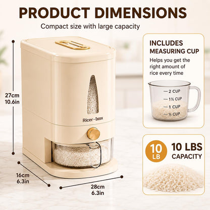 Airtight Rice Dispenser, 11lbs/22lbs Dry Food Storage Container with One-Touch Dispensing, Moisture-Proof Grain Bin with Measuring Cup for Kitchen, Countertop Organization