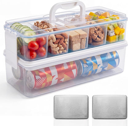 Homelove Snackle Box Container, Snack Organizer Divided Serving Tray with 2 Plastic Ice Packs, Lid with Handle, Double-layer Tray and 5-Compartment Snack Platter for Travel Party Beach Picnic