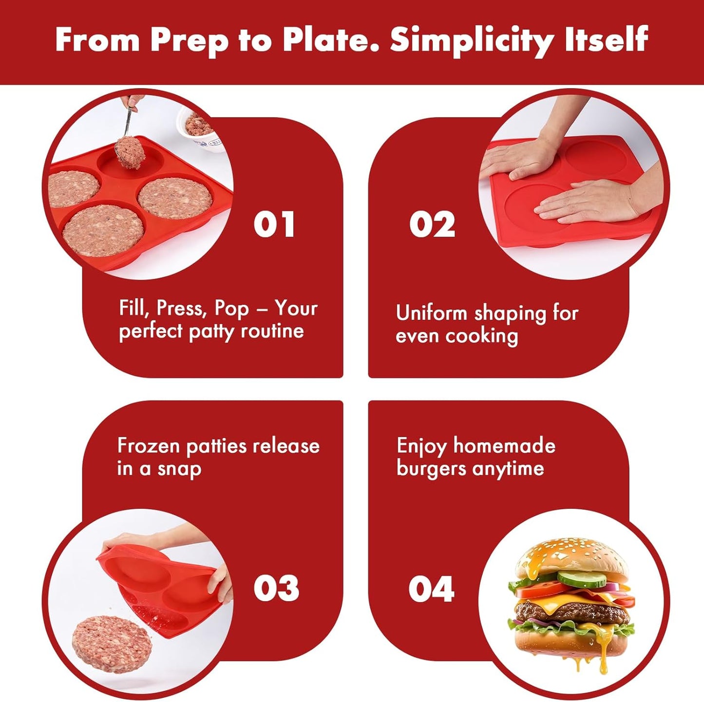 Silicone Burger Patty Maker & Freezer Tray, Grilling Cookware 4-Cavity Mold with Airtight Lid, Make 4 Perfect 4.7-Inch Patties at Once for Easy BBQ Prep & Freezer Storage