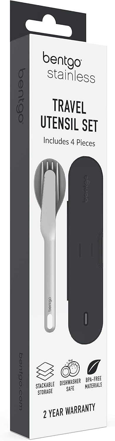Bentgo Stainless Travel Utensil Set - Reusable 3-Piece Silverware Set with Carrying Case, High-Grade Premium Steel, BPA-Free Case, Eco-Friendly - Ideal for Travel, Camping, and Office Use (Gray)