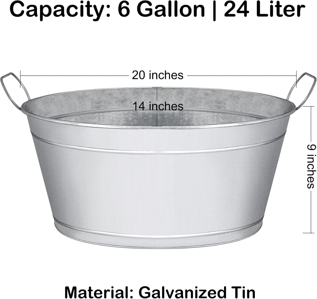 BARsics Large 6-Gallon Galvanized Tin Beverage Tub, 20x14x10 inches (Pack of 2)
