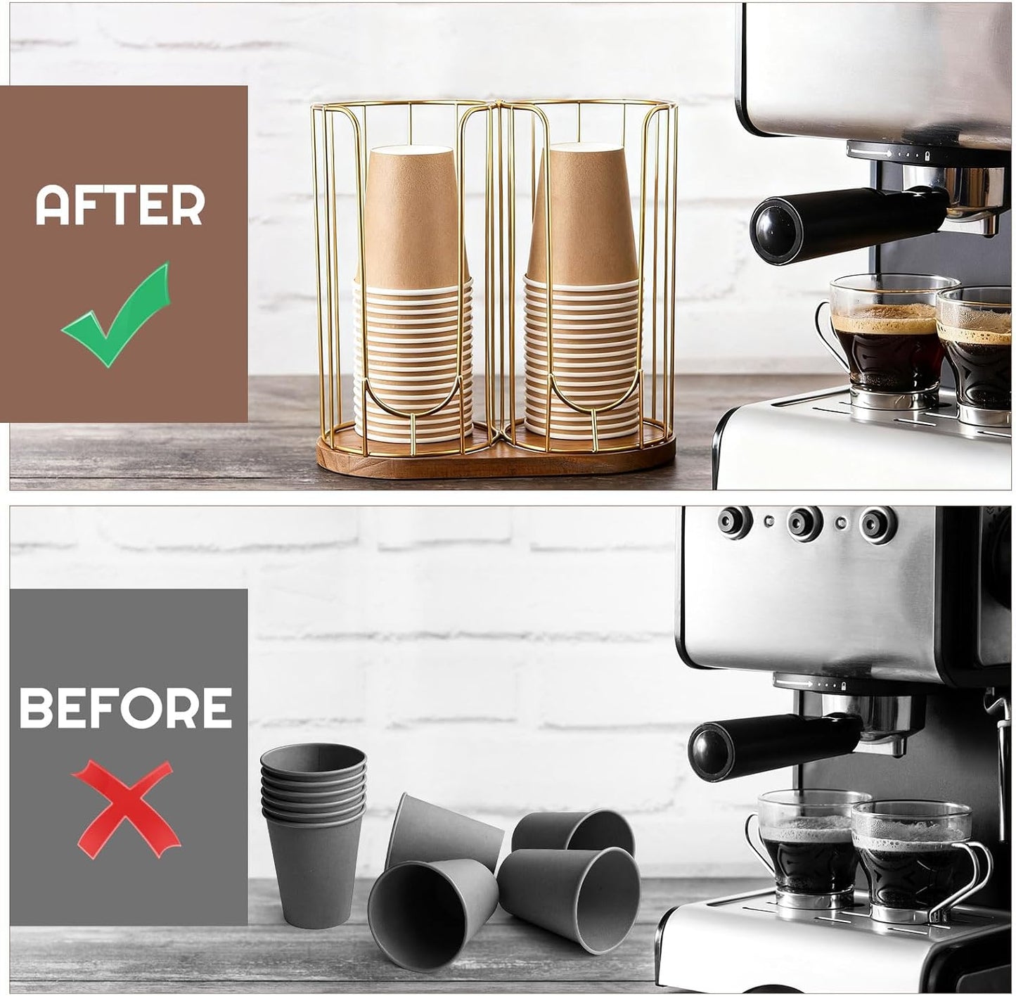 Geelin 18oz Adjustable Coffee Cup Dispenser with Wooden Base, Cup and Lid Holder, Cups Holder Organizer for Coffee Pod Straw and Lid Storage(2-compartment Single,Color 2)