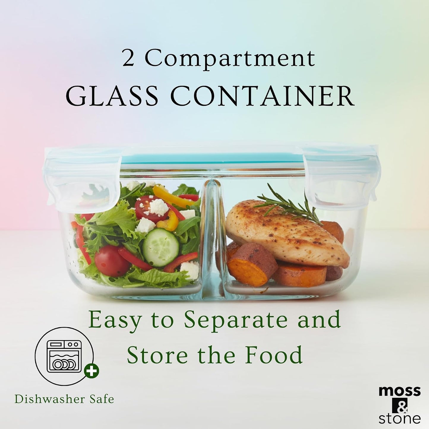 Moss and Stone Rectangular Borosilicate Glass Meal Food Containers - Prep Food Storage Containers Airtight - Snap Locking Lids – Microwave, Oven, Freezer, Dishwasher Safe – with 2 Compartment 2 Pack
