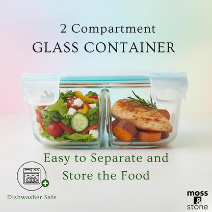 Moss and Stone Rectangular Borosilicate Glass Meal Food Containers - Prep Food Storage Containers Airtight - Snap Locking Lids – Microwave, Oven, Freezer, Dishwasher Safe – with 2 Compartment 2 Pack