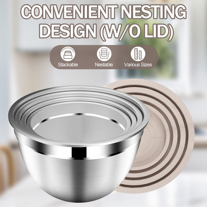 DUTZUN Mixing Bowls with Lids Set - 16pcs Stainless Steel Mixing Bowl Set with Colander, 3 Grater Attachments, Non-Slip Bottom, Metal Nesting Bowls with Strainer for Mixing & Serving - Black