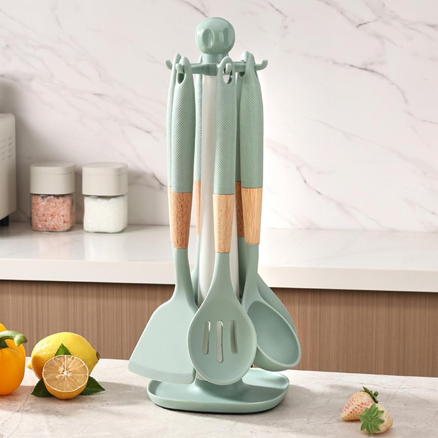 Cooking Kitchen Utensils Set, 7PCS Silicone Cooking Utensil Set with Rotating Holder, Heat Resistant Kitchen Essentials, Kitchen Gadgets for Cookware (Green)