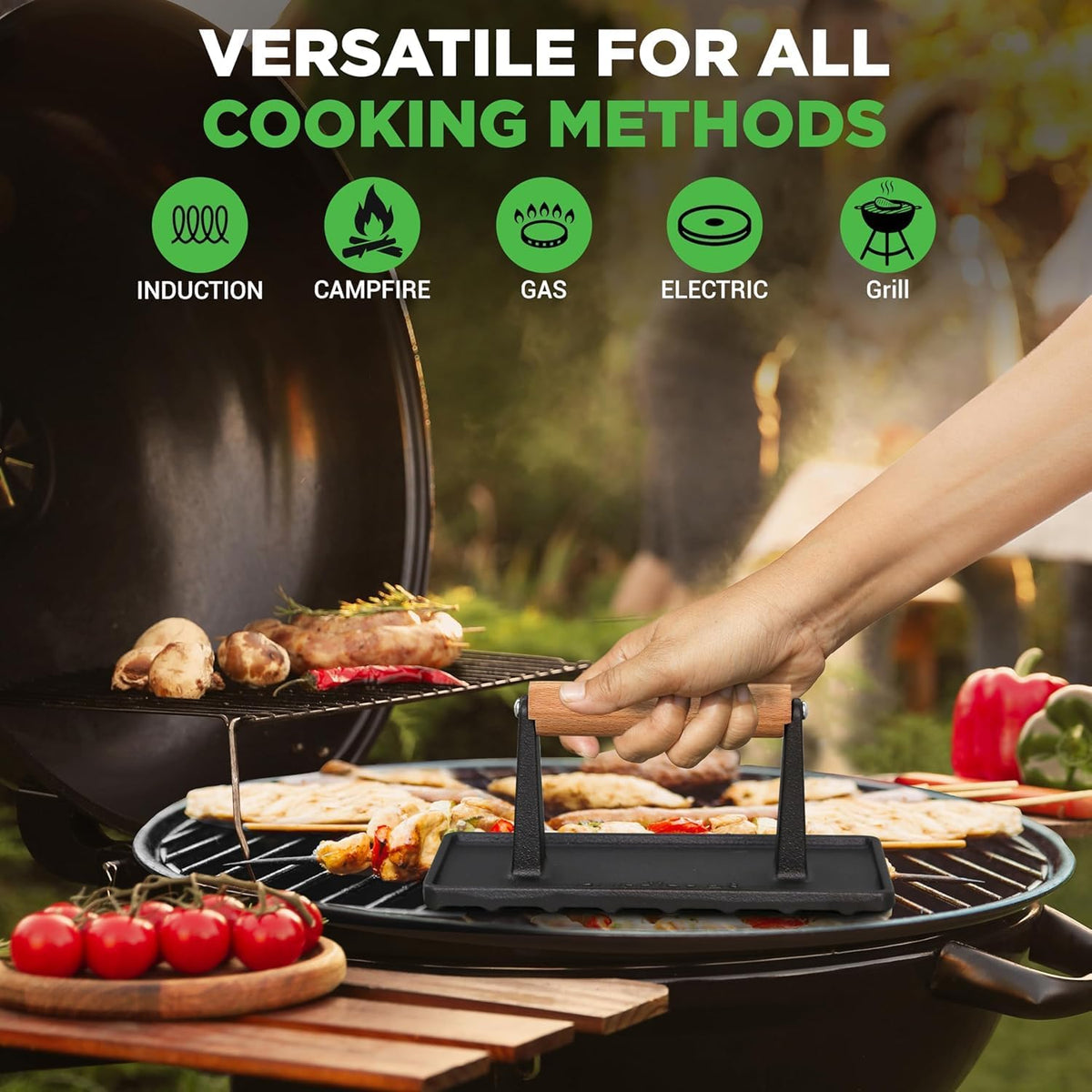NutriChef Cast Iron Weight Grill Press – Heavy-Duty Griddle Press with Wooden Handle for Steak, Burgers, Bacon & Sandwiches, Creates Perfect Grill Marks