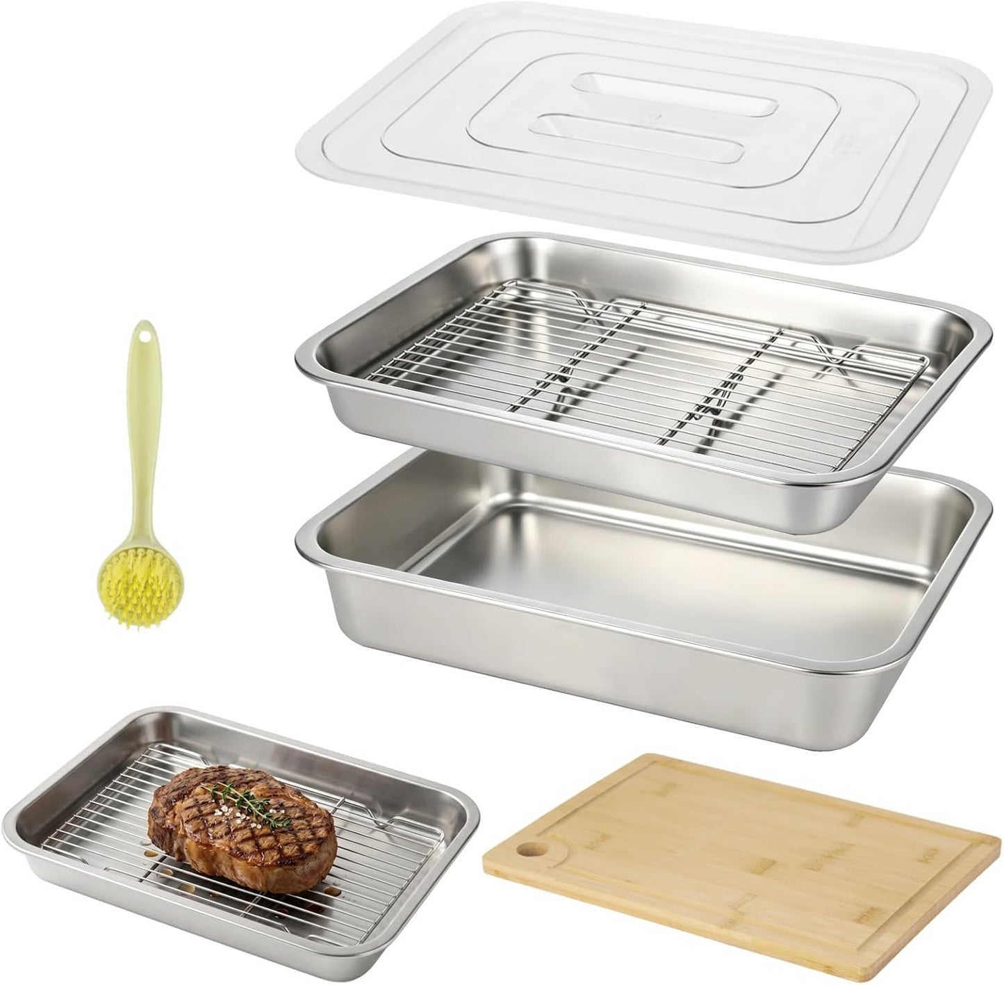ZALIR Grilling Prep & Serve Trays Kit - 15.7 x 11.8 in Large Capacity Stainless Steel Pans with Lid, Rack, Cutting Board, Tongs, Brush for BBQ, Outdoor Cooking