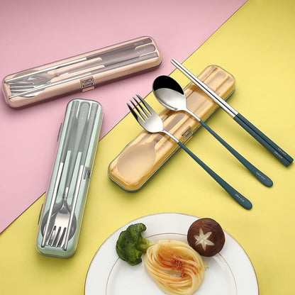 DEVICO Portable Utensils, Travel Reusable Silverware Flatware Set for Lunch, 18/8 Stainless Steel 4-Piece Camping Cutlery Include Fork Spoon Chopsticks with Case (Green)