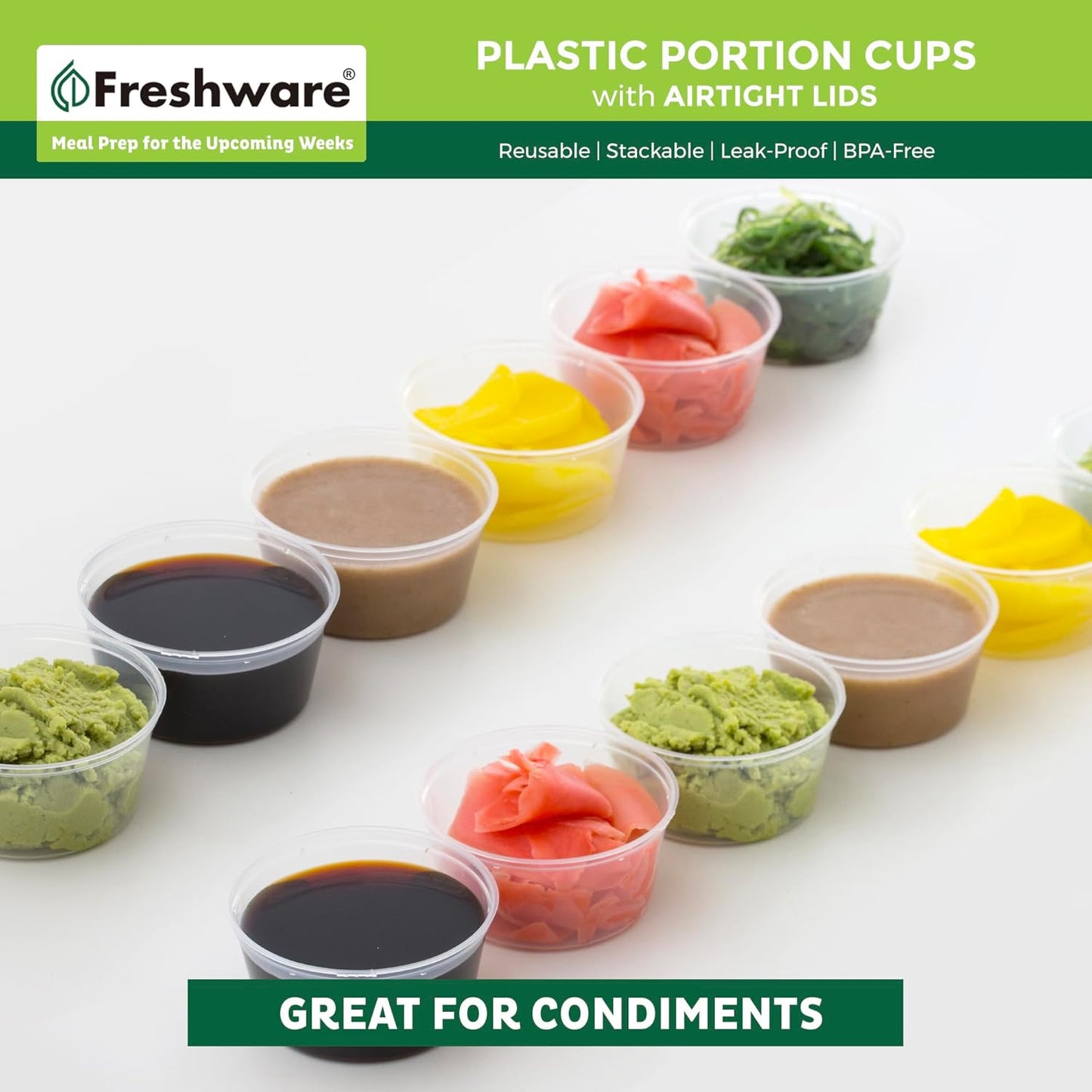 Freshware Plastic Portion Cups with Lids [2 Ounce, 200 Sets] Disposable Plastic Cups for Meal Prep, Salad Dressing, Jellos Shot Cups, Souffle Cups, Condiment and Dipping Sauce Cups