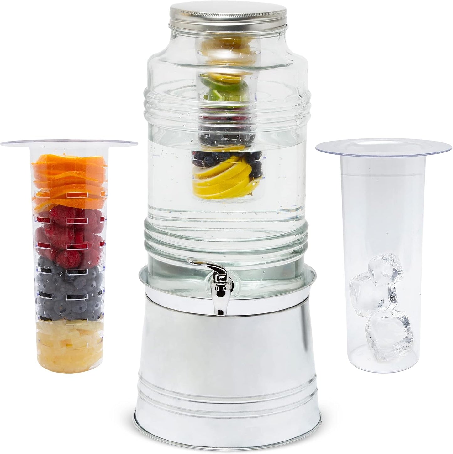 Style Setter Patchwork Beverage Dispenser Cold Drink Dispenser w/ 2.4-Gallon Capacity Glass Jug, Ice Insert, Fruit Infuser, Galvanized Base, Leak Proof Spigot Great for Parties Weddings