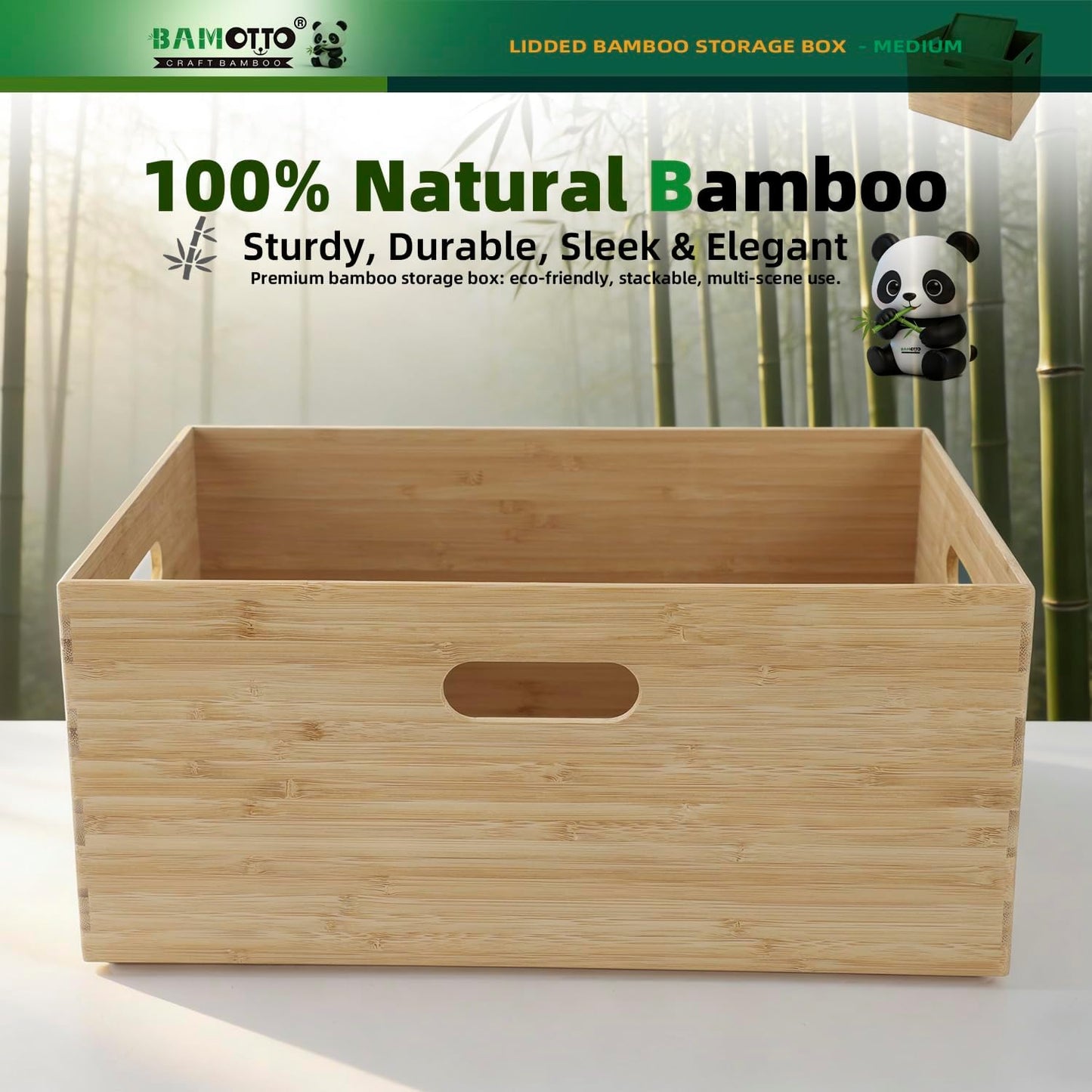 BAMOTTO CRAFTBAMBOO 2-Piece Large Bamboo Storage Box Set - 7.1in High Stackable Deep-Drawer Organizer, Lidless Bin for Kitchen Cutlery Utensils, Home & Office (14.6"x10.2"x7.1"+14.6"x10.2"x3.1")