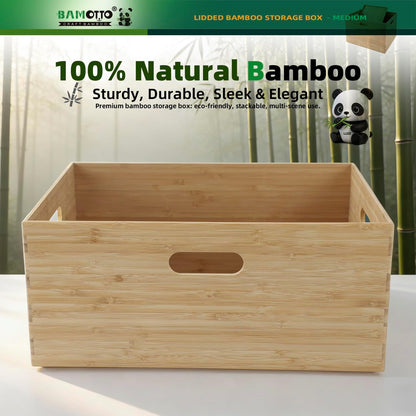 BAMOTTO CRAFTBAMBOO 2-Piece Large Bamboo Storage Box Set - 7.1in High Stackable Deep-Drawer Organizer, Lidless Bin for Kitchen Cutlery Utensils, Home & Office (14.6"x10.2"x7.1"+14.6"x10.2"x3.1")