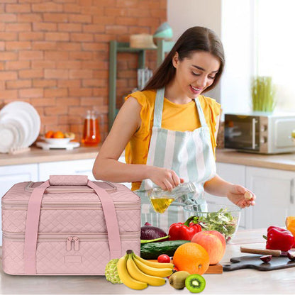 Quilted Double Decker Casserole Carrier - Expandable Dish Carrying Case for Hot or Cold Food, Lasagna Holder for Potluck Parties, Picnic, Beach, Fits 9"×13" Baking Dish (Black)