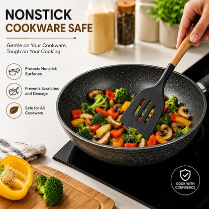 Silicone Kitchen Utensils Set of 12 – Cooking Spoons for Nonstick Cookware, Silicone Spatula Set for Cooking, Rust free, Tongs, Whisk,Turner & Brush - Heat Resistant 446°F - By Lonachamari