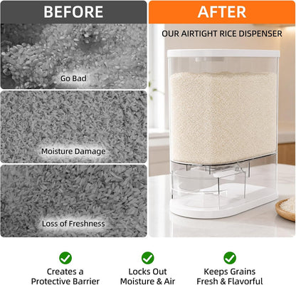Rice Dispenser 22 Lbs(10kg), Rice Holder Storage Container with Measuring Cup, Clear Cereal Dry Food Grain Dispenser for Kitchen Pantry Household Organization, BPA Free