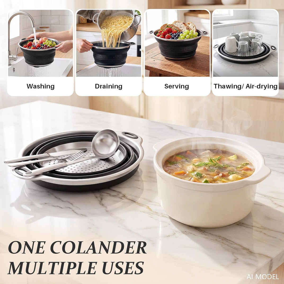 Collapsible Colander Set with Silicone Mat,2-in-1 Stainless Steel Colander for Kitchen, Foldable Metal Colander, Space-Saving for Pasta Veggies Fruit(NAVY BLUE)