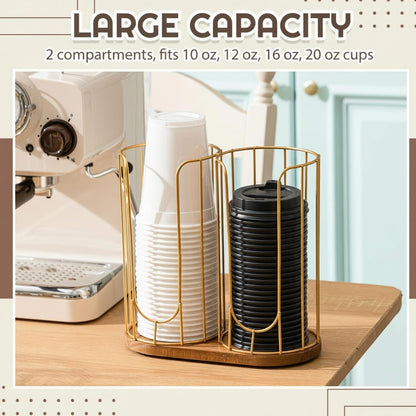 Geelin 18oz Adjustable Coffee Cup Dispenser with Wooden Base, Cup and Lid Holder, Cups Holder Organizer for Coffee Pod Straw and Lid Storage(2-compartment Single,Color 2)