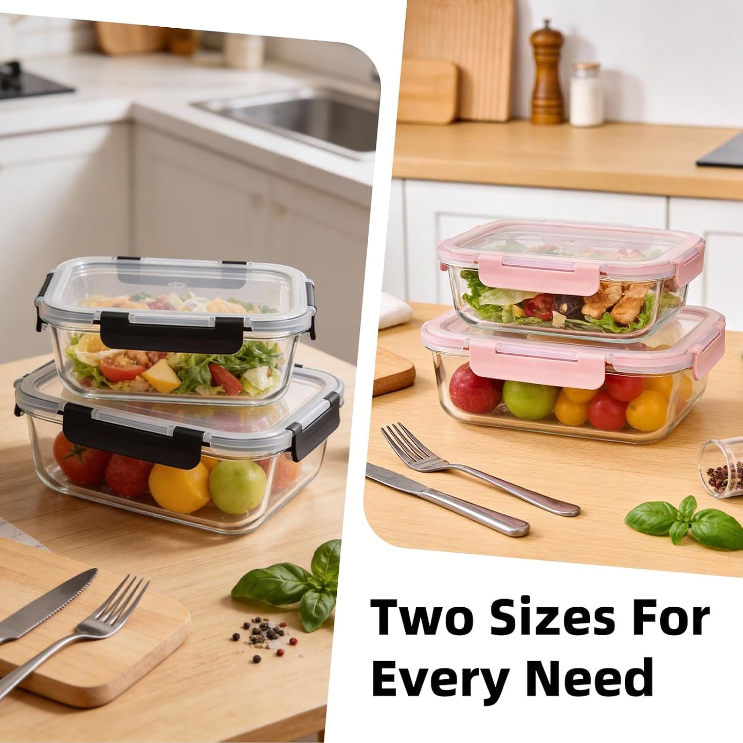 Konokyo Square Glass Food Storage Containers with Lids, 12 Pack Airtight Leakproof Meal Prep Containers, BPA-Free, Microwave Oven Freezer & Dishwasher Safe, Assorted Sizes