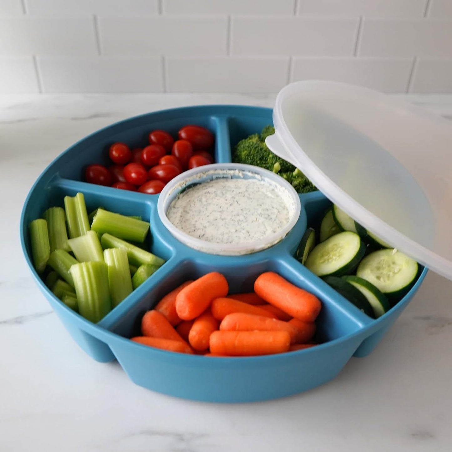Heavy-Duty Divided Serving Tray with Leakproof Lid-6 Divided Compartments to Serve & Store Food, Snacks, Fruit Tray, Veggie Platter - 100% Made In USA by TEGRIWARE (Arctic Blueberry)