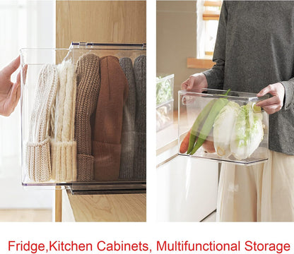 Abiudeng 2 Pack Stackable Refrigerator Organizer Bins with Pull-out Drawer, Drawable Clear Fridge Drawer Organizer with Handle, Plastic Kitchen Pantry Storage Containers