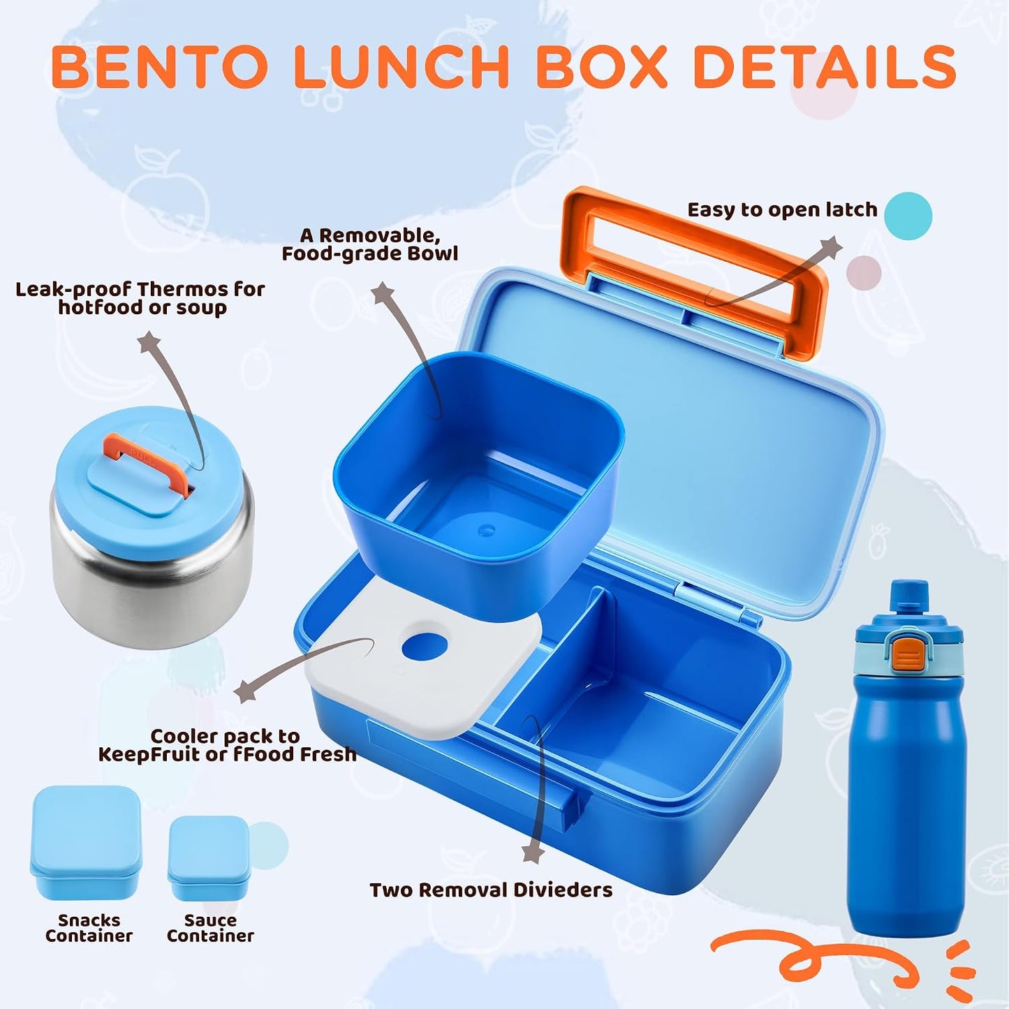 MAISON HUIS Bento Box for Kids with 8oz Soup Thermo, Insulated Lunch Bag & 17oz Water Bottle, 2-Compartment Bento Box with Built-In Ice Pack, Leak-Proof & BPA-Free (Purple)