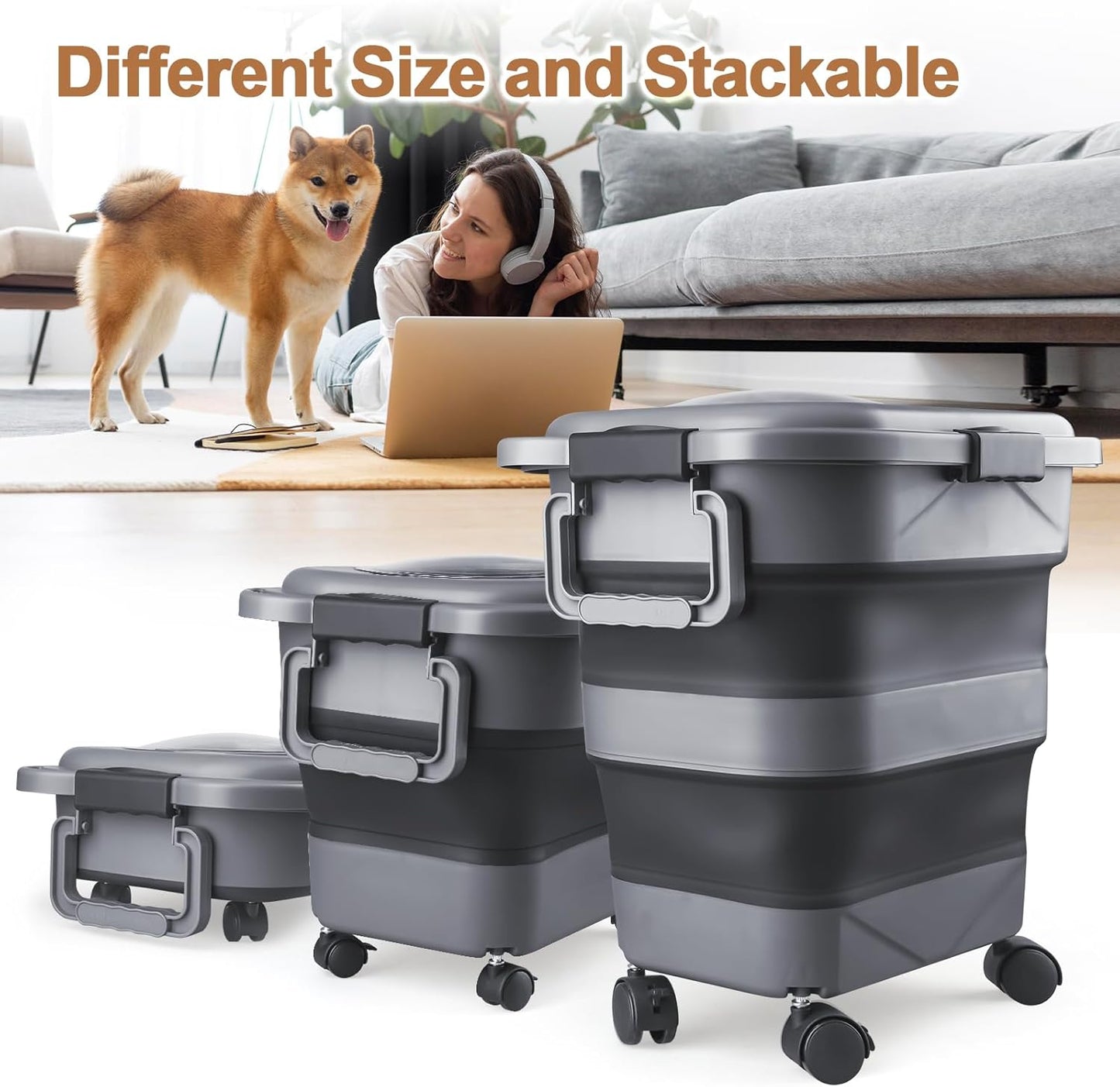 Dog Food Storage Container，10-25 lbs Airtight Collapsible Cat Food Storage Container with Attachable Wheels, Portable Handle, Dog Food Scoop for Dog Cat Bird Pet Dry Food Storage Bin Light Grey