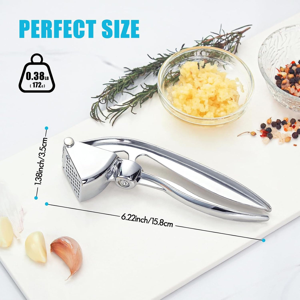 Garlic Press, Rust Resistant Garlic Crusher and Mincer, Solid Metal