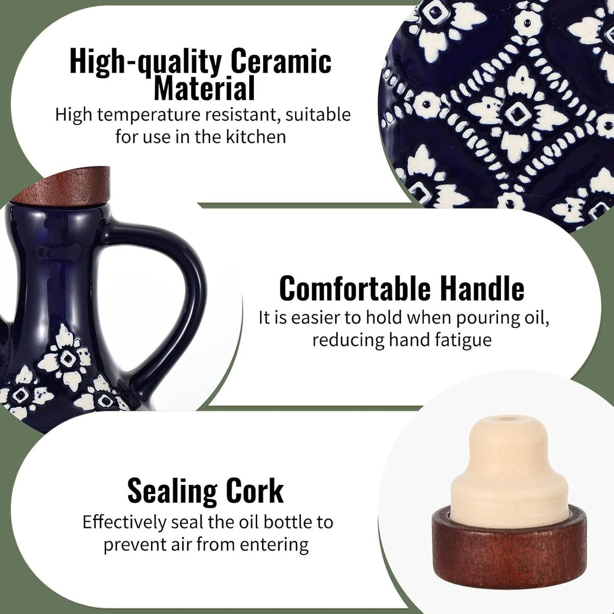 8.5 oz Ceramic Olive Oil Dispenser Bottle Decorative Olive Oil Dispenser Bottle with Handle & Wooden Stopper Relief Opaque Ceramic Oil Cruet for Kitchen Cooking Oil Vinegar (Blue)