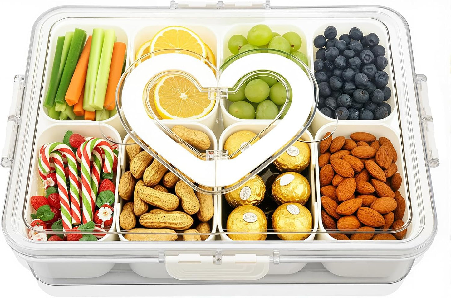 Portable Divided Snackle Box Serving Tray with Lid & Handle | Travel-friendly storage organizer. Multiple compartments for fruits, snacks, and sauces. Secure lid keeps food fresh.