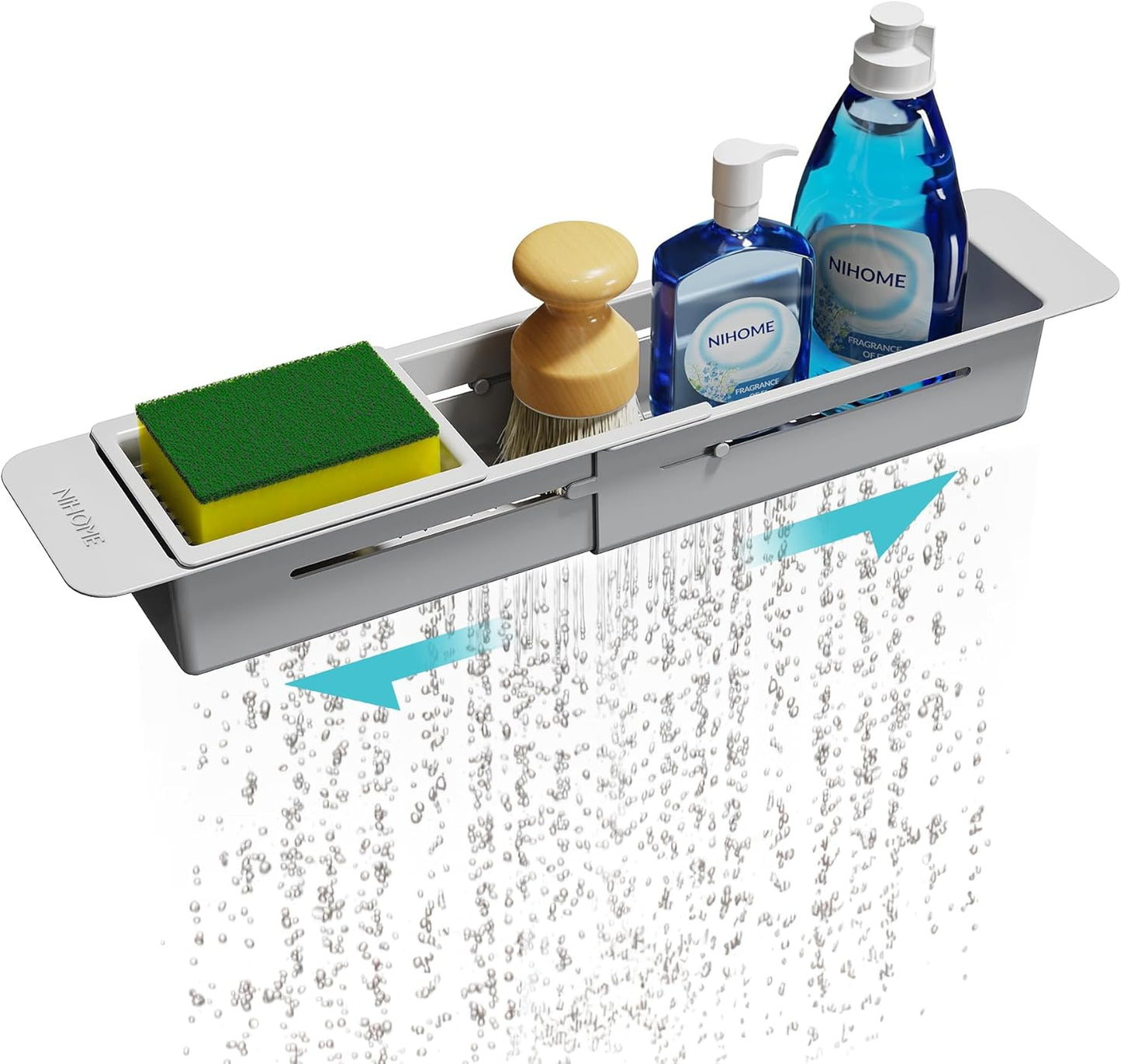 NiHome Extendable Over Sink Kitchen Organizer, Small Telescopic Brush Storage Rack for Sponge, Non-Slip Pads Expandable Sink Caddy, Adjustable Sponge/Brush Rack with Drainage Durable ABS (Dark Gray)