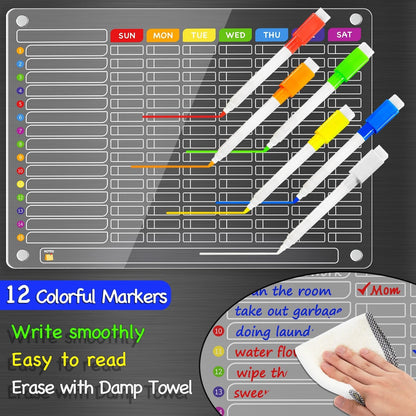 PigPotParty 2-in-1 Acrylic Magnetic Chore Chart for 2 Kids, Couples, Roommates, 15"x11" Large Dry Erase Chore Board for Fridge, Clear Weekly & Daily Reward Chart, Includes 12 Markers & Towel