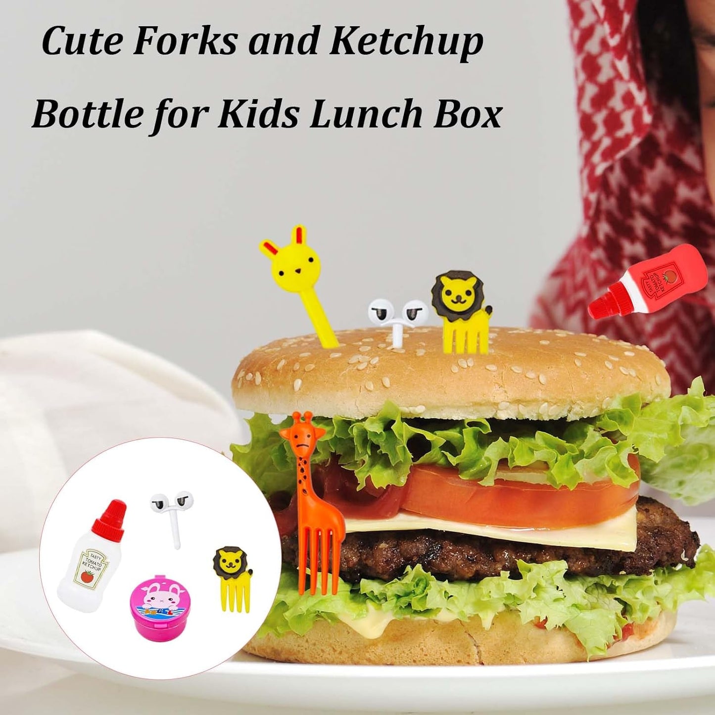 55 Pack Bento Box Accessories Set, Reusable Mini Condiment Bottles, Ketchup Squeeze Bottles & Animal Fruit Food Picks