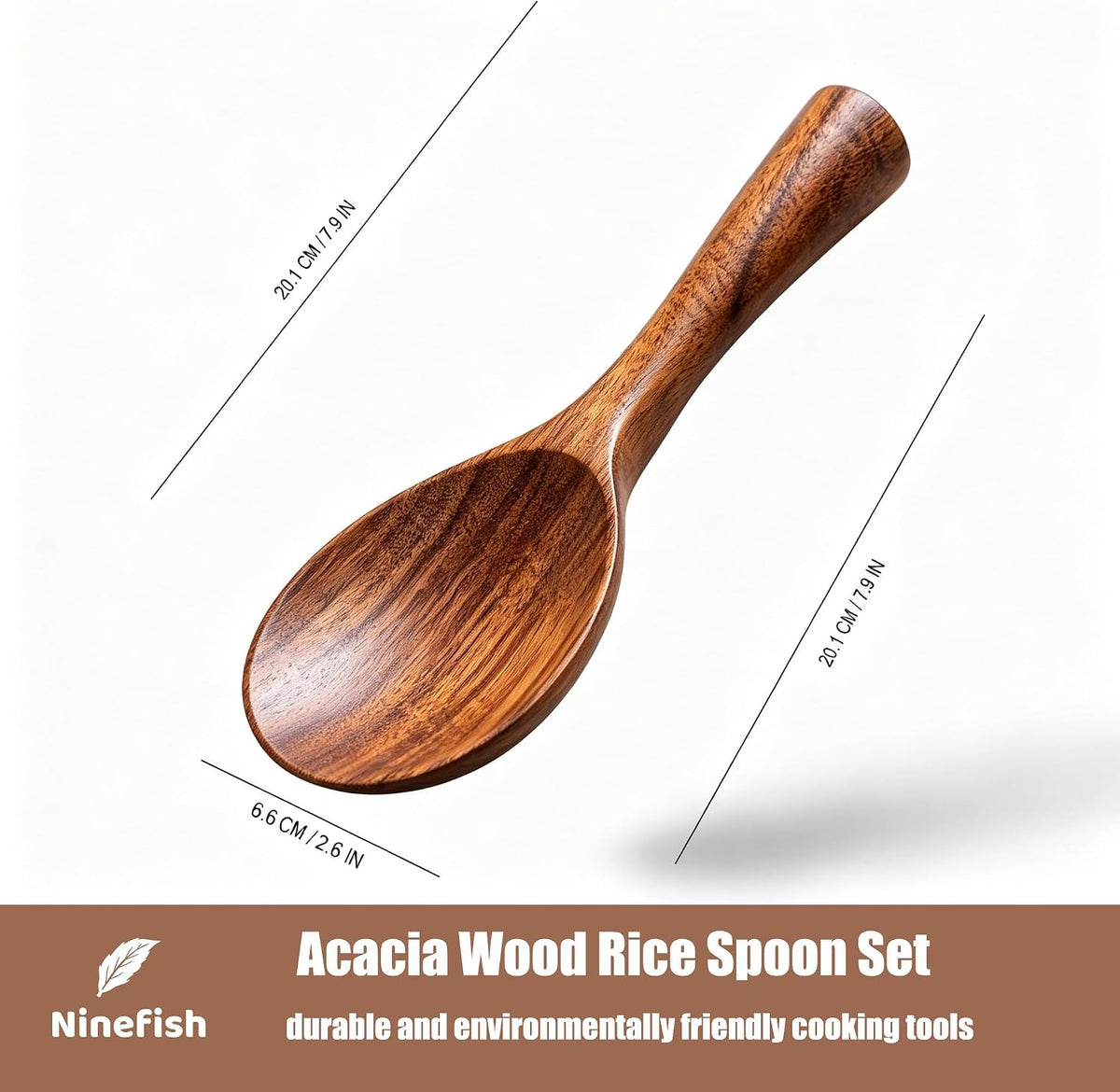 Ninefish Acacia Wood Rice Paddle Set, Non-Stick Wooden Standing Rice Spoon Scooper Spatula, Heat Resistant Rice Cooker Spoon, Durable Natural Wood Serving Utensils for Rice & Potato Servers
