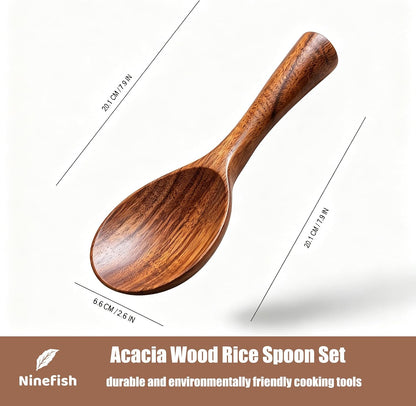 Ninefish Acacia Wood Rice Paddle Set, Non-Stick Wooden Standing Rice Spoon Scooper Spatula, Heat Resistant Rice Cooker Spoon, Durable Natural Wood Serving Utensils for Rice & Potato Servers