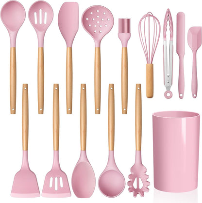 LIANYU 15 PCS Silicone Kitchen Utensils Set with Holder, Cooking Utensils set for Nonstick Cookware, Heat Resistant & Non Toxic Spatula Ladle Tong, White