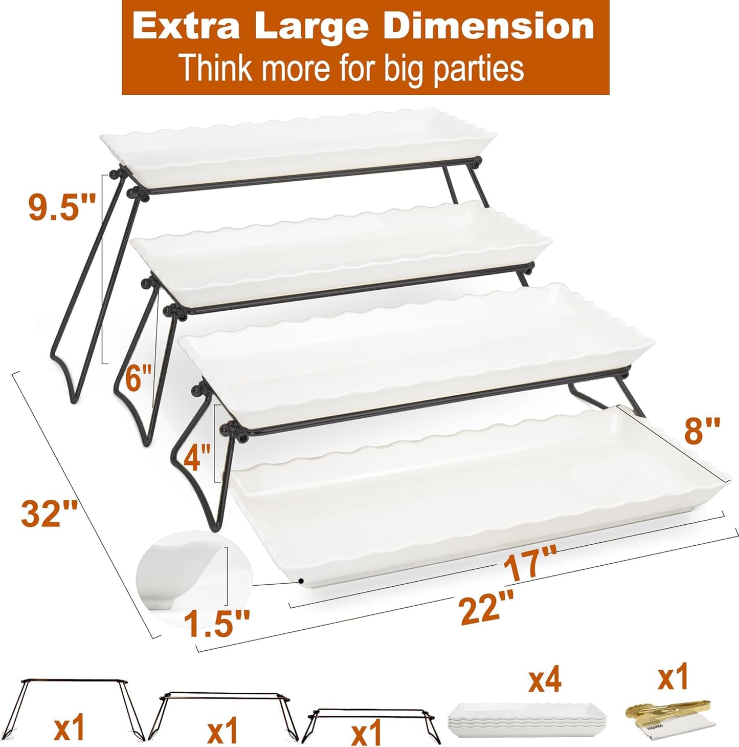 KAQAHIDO Extra Large 4 Tier Serving Tray Set, 34x22x10 inch Wave Edge Melamine Dessert Table Display Set, Tiered Trays Stand for Party Buffet Entertaining, Gold and White