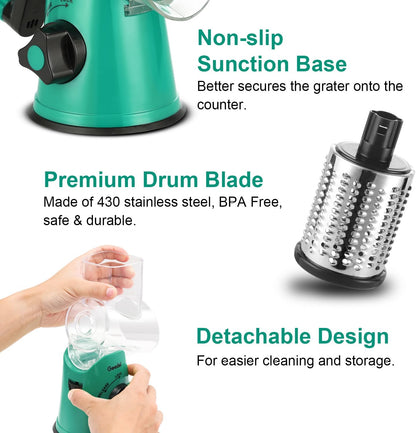 Geedel Rotary Cheese Grater, Kitchen Mandoline Vegetable Slicer with 3 Interchangeable Blades, Easy to Clean Rotary Grater Slicer for Cheese, Vegetables, Nuts