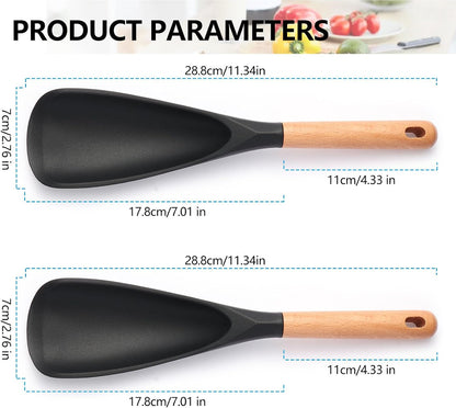 2 Pcs Wooden Handle Silicone Cooking Spoon Set for Nonstick Cookware Cooking, Baking, Stirring ，BPA-Free Heat-Resistant Spatula for Mixing, Flipping, Scraping (2 Pcs Black)