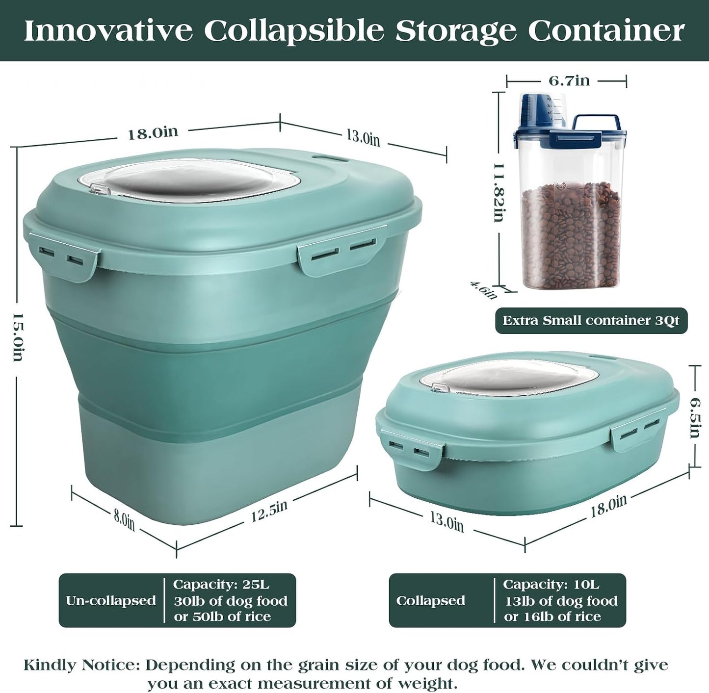 TIOVERY Dog Food Storage Container, Airtight Collapsible 13lb to 30lb Pet Food Container with Flip Top, Rolling Wheel, Scoop and 3L small container for Dog Cat Food and Dry Food of Rice, Flour