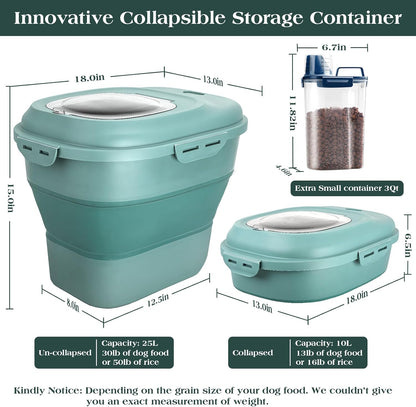 TIOVERY Dog Food Storage Container, Airtight Collapsible 13lb to 30lb Pet Food Container with Flip Top, Rolling Wheel, Scoop and 3L small container for Dog Cat Food and Dry Food of Rice, Flour
