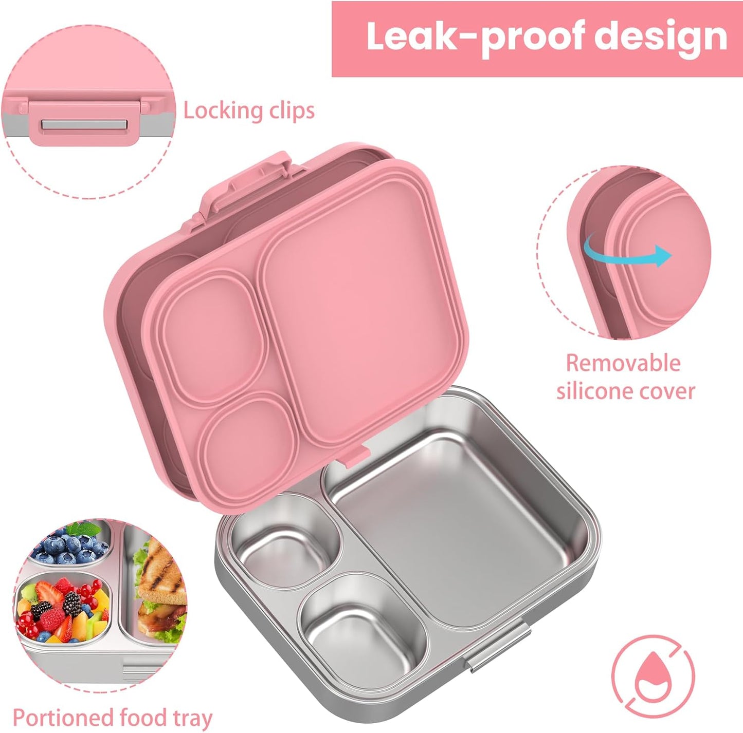 Pawtong Stainless Steel Bento Lunch Box for Kids | 3-Compartment Lunch Box Container Kids | 100% Leakproof, Eco-Friendly, Perfect Portion Control for Kids&Adult Healthy Meals (Purple)