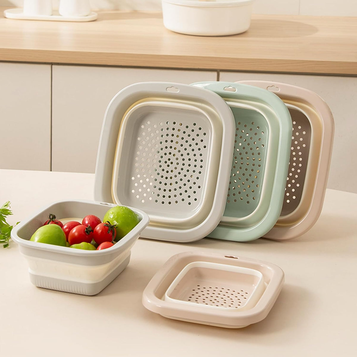 Collapsible Colander & Wash Basin Set, 2-in-1 Foldable Dishpan with Drain Holes, Space-Saving Kitchen Sink Tub for Washing Fruits, Vegetables, Meal Prep & Kitchen Use (Pink)