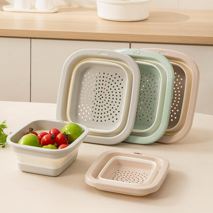 Collapsible Colander & Wash Basin Set, 2-in-1 Foldable Dishpan with Drain Holes, Space-Saving Kitchen Sink Tub for Washing Fruits, Vegetables, Meal Prep & Kitchen Use (Pink)