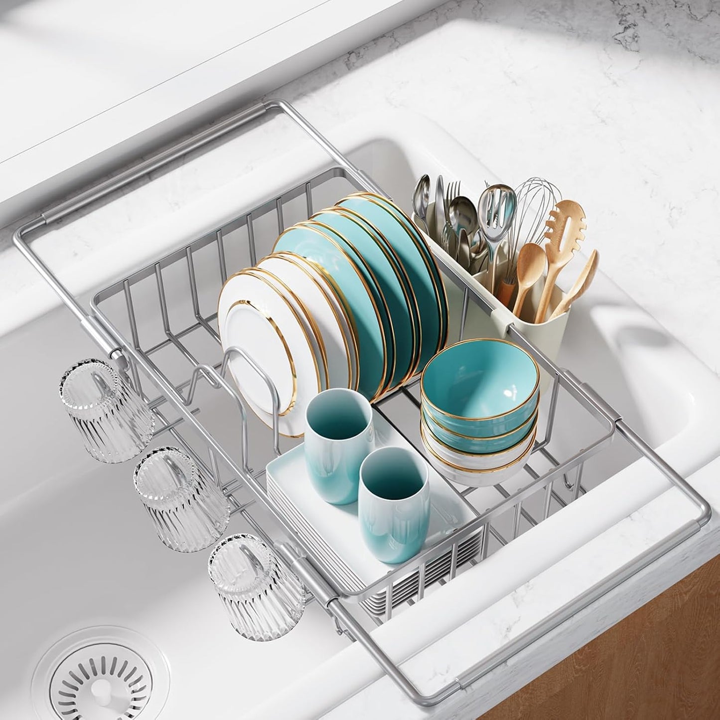 Sakugi Dish Drying Rack in Sink - Expandable Stainless Steel Dish Rack Over the Sink, Kitchen Sink Drain Strainer with Cutlery Holder & Cup Holders, 15.4 x 9.8 x 3.0 Inch, Black