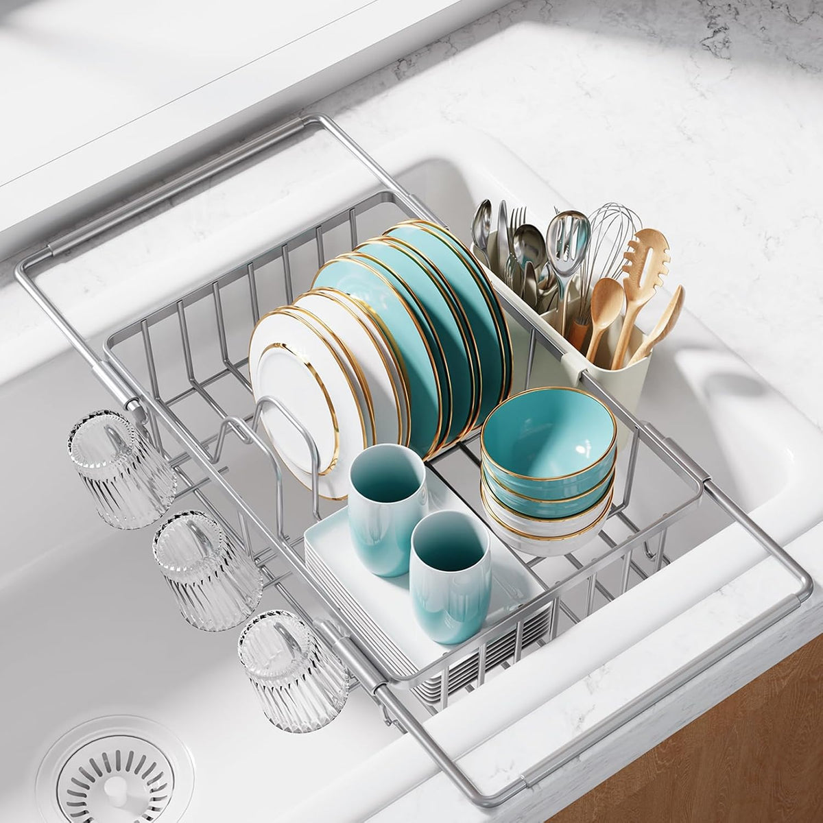 Sakugi Dish Drying Rack in Sink - Expandable Stainless Steel Dish Rack Over the Sink, Kitchen Sink Drain Strainer with Cutlery Holder & Cup Holders, 15.4 x 9.8 x 3.0 Inch, Black