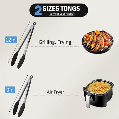 Kitchen Tongs, Stainless Steel Cooking Tongs with Silicone Tips, 600ºF High Heat-Resistant Non Scratch Locking Tongs for Cooking BBQ Grilling Air Fryer Pans, Set of 3 (7" 9" and 12") Black