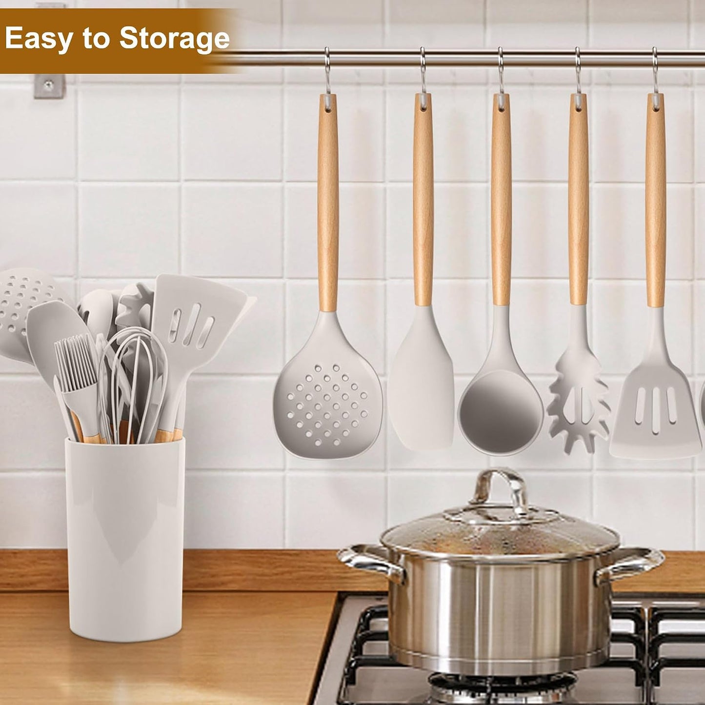 LIANYU 15 PCS Silicone Kitchen Utensils Set with Holder, Cooking Utensils set for Nonstick Cookware, Heat Resistant & Non Toxic Spatula Ladle Tong, White