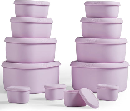 ISSEVE 12Pcs/Set Nesting Silicone Food Storage Containers with Lids, BPA Free Reusable Meal Prep Silicone Containers Airtight, Freezer Dishwasher Safe (33.8oz, 20oz, 10oz, 6.7oz, 1.3oz) (Beige)